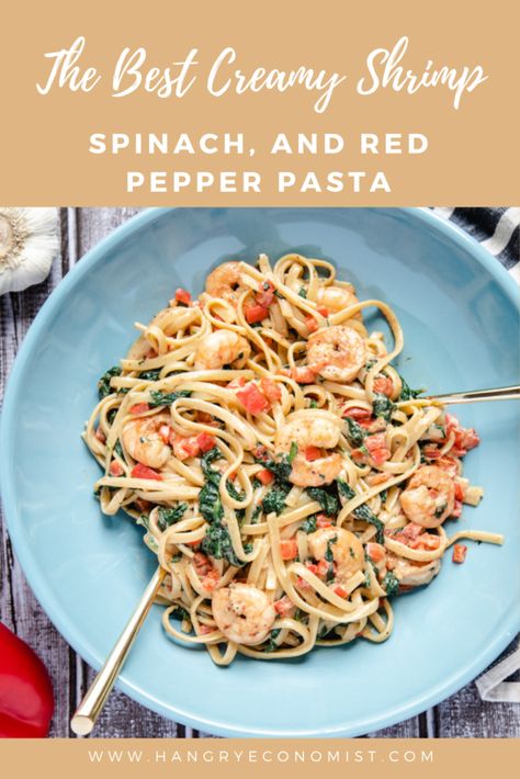 The Best Creamy Shrimp, Spinach, and Red Pepper Pasta Leftover Lobster, Shrimp Pasta Dishes, Shrimp Spinach, Low Salt Recipes, Salt Recipes, Red Pepper Pasta, Creamy Shrimp, Seafood Entrees, Pepper Pasta