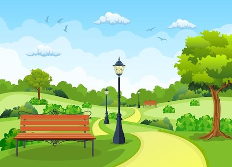 Cartoon Park, Tree Lanterns, Kids Background, Public Park, Creative Illustration, Beautiful Landscape Wallpaper, Flat Style, Landscape Wallpaper, Stop Motion