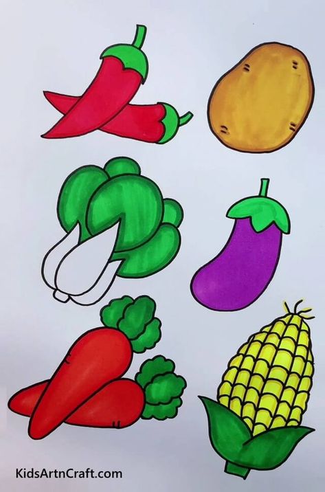 Easy Fruit & Vegetable Drawings For Kids Check more at https://www.kidsartncraft.com/easy-fruit-vegetable-drawings-for-kids/ Vegetable Easy Drawing, Fruit And Vegetable Drawing, Vegetable Drawing Simple, Vegetable Drawing For Kids, Fruits Drawing Easy, Vegetables Drawing For Kids, Fruits Drawing For Kids, Sunflower Drawing Easy, Vegetable Drawings