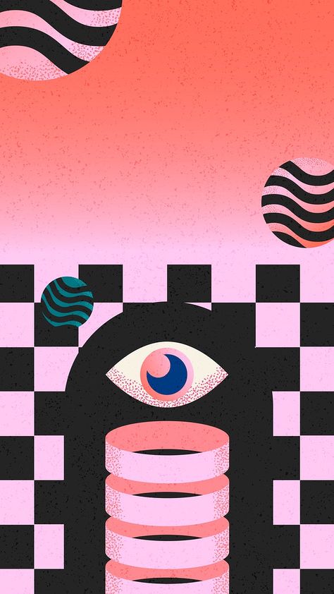 Iphone Wallpaper Retro, Wallpaper Checkered, Retro Style Wallpaper, Retro Futuristic Design, Surrealism Design, Surreal Eye, Retro Vector Illustration, Creative Branding Design, Wallpaper Retro