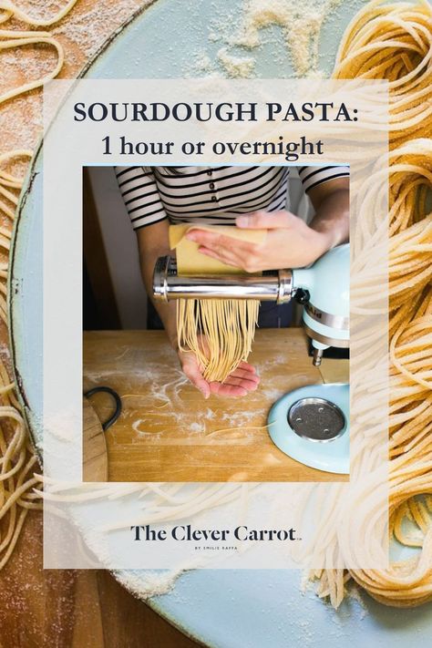 Learn how to make THE BEST sourdough pasta with clear step-by-step instructions and video. My recipe uses only 3 ingredients: flour, eggs and sourdough starter (active starter or sourdough discard) with a same day “1 hour dough” and a longer, 24 hour fermented option to maximize digestibility. Use for homemade pappardelle, ravioli, lasagna noodles and more! Sourdough Noodles, Sourdough Pasta Recipe, Homemade Pappardelle, Sourdough Pasta, Sourdough Ideas, The Clever Carrot, Clever Carrot, Homestead Recipes, Dough Starter