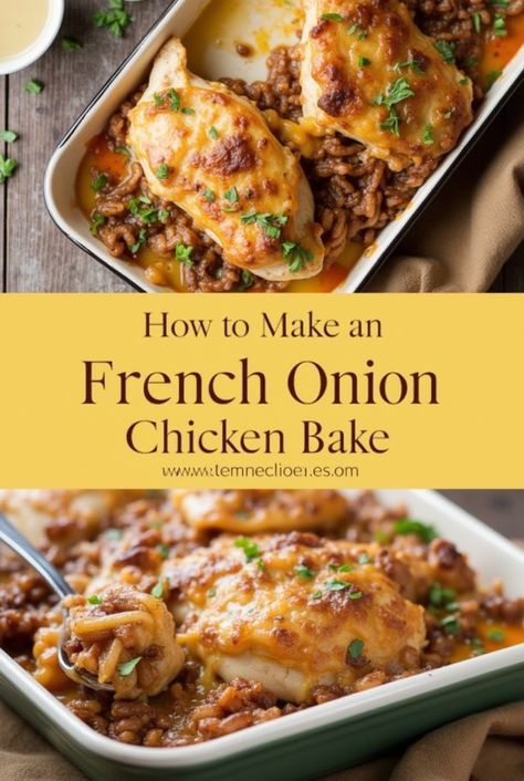 Craving a cozy, flavor-packed meal? This French Onion Chicken Bake is the perfect comfort food! Juicy, seasoned chicken smothered in caramelized onions, gooey melted cheese, and a rich, savory sauce—baked to perfection. It’s an easy, one-pan dish that’s perfect for busy weeknights or a hearty family dinner. Pair it with noodles or enjoy it on its own!

 Save this recipe now and try it tonight! Click to get the full step-by-step guide.

#FrenchOnionChickenBake #OnionChickenBake #RecipesForDinnerNoodles #NoodlesGroundBeef #DinnerNoodles #CookedChickenRecipes #FrenchOnionChicken French Onion Chicken Bake, Onion Chicken Bake, Chicken Smothered, French Onion Chicken, Seasoned Chicken, Onion Chicken, Chicken Bake, Savory Sauce, French Onion