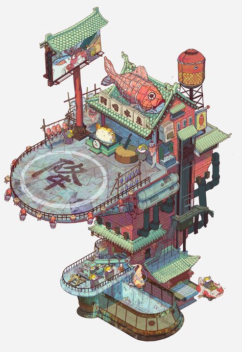 Seafood Shop, Props Concept, Building Concept, Isometric Art, Entertainment Design, Building Art, Game Concept Art, Game Concept, Fantasy Concept Art