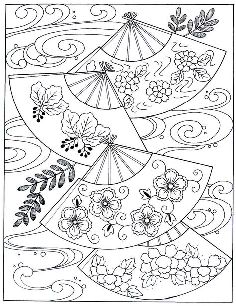 Japanese Fans Drawing, Japanese Coloring Book, Cute Japanese Coloring Pages, Japanese Colouring Pages, Asian Coloring Pages, Japanese Coloring Pages, Flower Colouring Pages, Waves Japanese, Japanese Fans