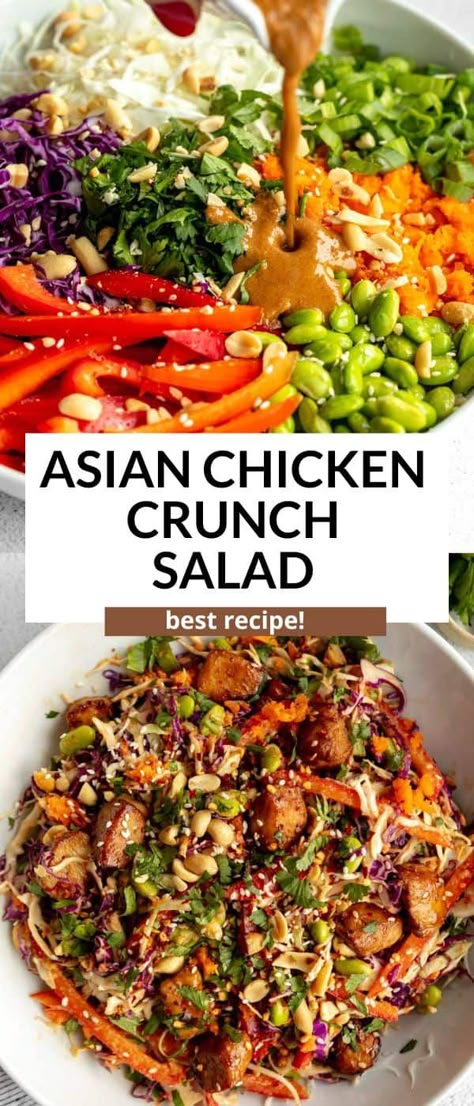 This asian chicken crunch salad is easy to make, high protein, gluten free and perfect for a simple meal prep lunch recipe. This chicken crunch salad has a simple peanut dressing and is so healthy and flavorful with edamame, veggies and sesame chicken. Simple Meal Prep Lunch, High Protein Gluten Free, Crunch Salad, Simple Meal Prep, Peanut Dressing, Lunch Prep, Meal Prep Lunch, Healthy High Protein Meals, Prep Lunch