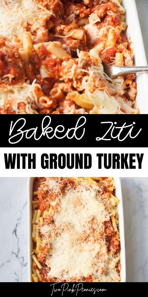 This Baked Ziti with Ground Turkey is a family favorite dinner recipe. It has saucy, meaty, and cheesy layers and is topped with tons of bubbling mozzarella. It is the perfect ground turkey recipe to make for dinner! Baked Ziti With Ground Turkey, Best Baked Ziti Recipe, Ground Turkey Casserole, Baked Pasta Recipe, Ground Turkey Recipe, Baked Ziti With Ricotta, Easy Budget Meals, Ground Turkey Pasta, Turkey Chili Crockpot