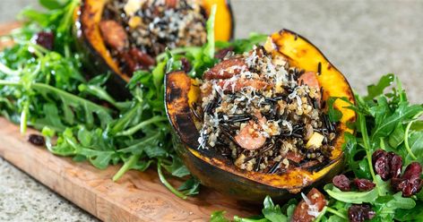 Chef Roze Traore turns acorn squash into a creamy soup, a light winter salad and a stuffed vegetable dinner. Winter Squash Recipes, Stuffed Squash, Rice Stuffing, Acorn Squash Recipes, Healthy Grains, Vegan Sausage, Acorn Squash, Fall Dinner, Wild Rice