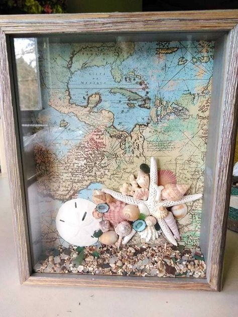 Seashell Display Ideas, Display Seashells, Beach Shadow Boxes, Seashell Shadow Boxes, Seashell Display, Shell Display, Map Crafts, Diy Shadow Box, Travel Crafts