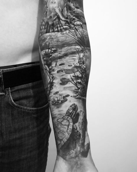 Full nature armor sleeve - endangered species, conservation and anti-poaching theme - done by Legion Avegno at Fallen Sparrow Tattoos In Kissimmee, Florida Florida Wildlife Tattoo, Florida Nature Tattoo, Pond Tattoo Sleeve, Beach Theme Sleeve Tattoo, Florida Sleeve Tattoo, Turtle Sleeve Tattoo, Conservation Tattoo, Jungle Theme Tattoo Sleeve, Florida Themed Tattoos