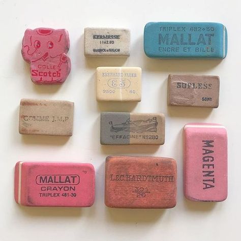 Vintage Erasers, Vintage Esthetics, Vintage School Supplies, Eraser Collection, Alphabet Game, Art Studio Organization, Vintage Stationery, Vintage Packaging, Scented Sachets