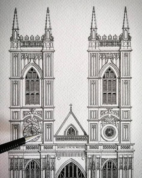 Architecture drawings are used to build, but they are also art! Here I have hand drawn, with my trusty pen and ruler, an architecture elevation of Westminster Abbey, London. This signed copy of my illustration is printed using highest quality Hahnemühle German Etching paper. This strong and textured giclee paper replicates the art paper that I had originally drawn on.  Prints are made to order so please allow 5-6 working days for delivery. Available in A4 size - 210x297mm  And A3 size 297x420mm Pen Sketches Architecture, Westminster Abbey Drawing, Sketch Ideas Building, Architecture Sketch Simple Building, Architecture Concept Drawings Sketches, Building Drawing Architecture Sketches, Drawings Architect, Architecture Drawing Art Buildings, London Art Drawing