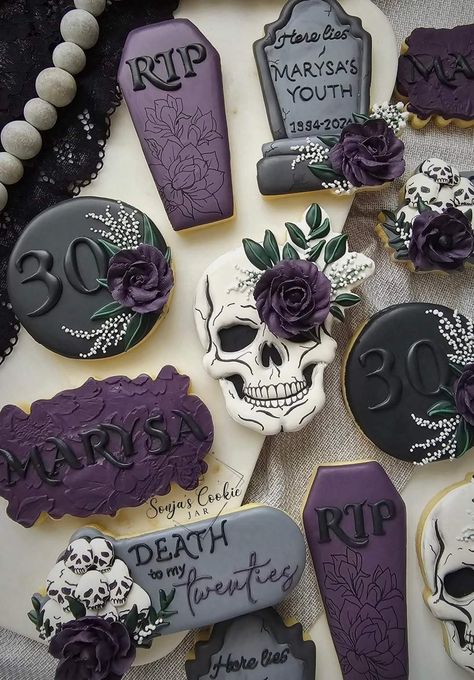 Rip To My 20s Party Desserts, Skull Themed Birthday Party, Goth Cookies Decorated, Gravestone Cookies Decorated, Rip 30s Cookies, Rip 20s Cookies, Coffin Cookies Royal Icing, Coffin Sugar Cookies, Goth Cookies