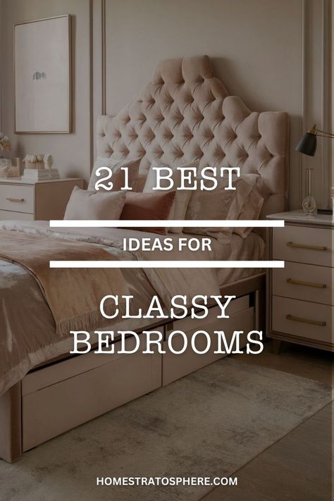 A chic bedroom with a plush tufted headboard, soft velvet bedding, and neutral tones in a classy design. Glamorous Bedrooms Luxury, Elegant Women Bedrooms, Fabric Sleigh Bed Bedroom Ideas, Lady's Bedroom Ideas, Bedroom Latest Designs, Bedroom Set Ideas For Women, Luxury Bedroom Ideas Classy, Farmhouse Glam Bedroom Ideas, Minimalist Elegant Bedroom