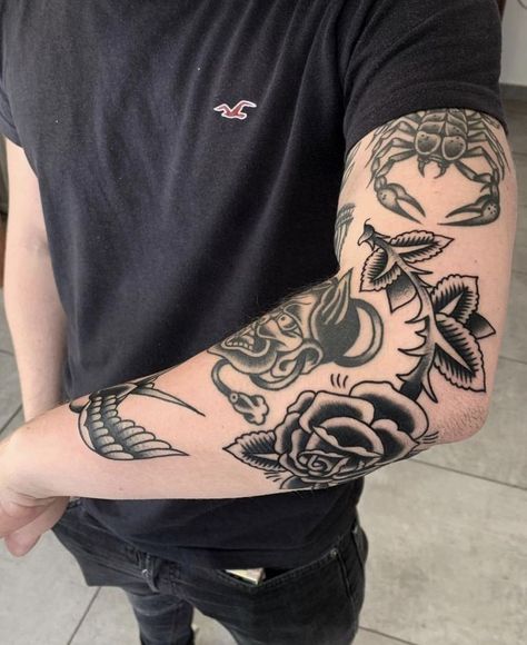 Elegant Men Tattoo, Elbow And Forearm Tattoo, Trad Forearm Tattoo, Men Elbow Tattoo, Elbow Tattoo Men Traditional, Traditional Bicep Tattoo, Old School Tattoo Men, Traditional Tattoos Men, American Traditional Elbow Tattoo