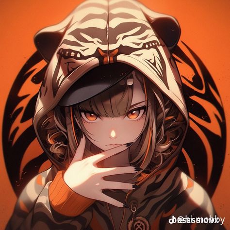 Plain Orange Background, Female With Brown Hair, Tiger Girl, Tiger Hoodie, Orange Eyes, Gamer Pics, Digital Portrait Art, Gothic Anime, Anime Wolf