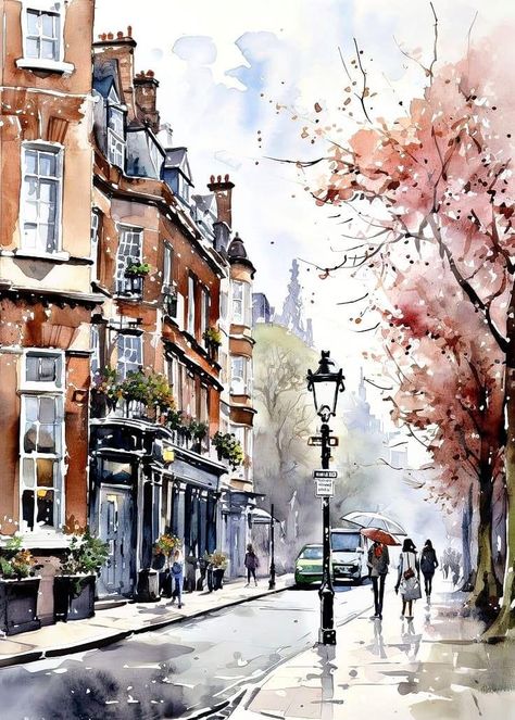 In London Color Practice, Sketch London, London Painting, Pen And Wash, Art Village, London Pictures, Landscape Watercolor, Watercolour Inspiration, Perspective Art