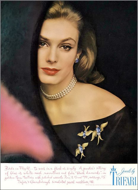 Deborah Dixon, Trifari Jewelry ad, Vogue, March 1, 1960 | Flickr Trifari Advertisement, Jewellery Advertising, Popular Costumes, Coro Jewelry, Jewelry Promotion, Jewelry Magazine, Trifari Jewelry, Gold Necklace Simple, Jewelry Ads