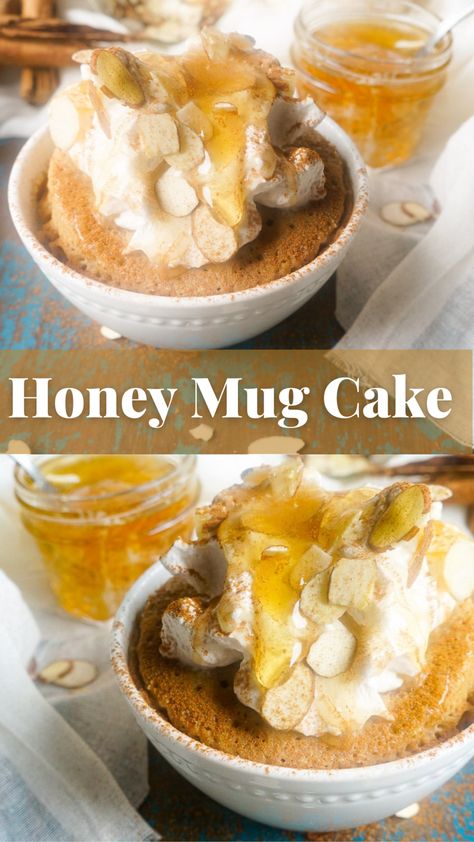 2 pictures on this pin. Both are of a honey cake baked in a small white baking dish and topped with homemade whipped cream, cinnamon, extra honey, and almonds. Honey Mug Cake Microwave, Dairy Free Mug Desserts, Gooey Mug Cake, Gluten Free Mug Recipes, Gf Mug Cake, Gluten Free Mug Cake Microwave, Oat Flour Mug Cake, Dairy Free Mug Cake, Honey Mug Cake