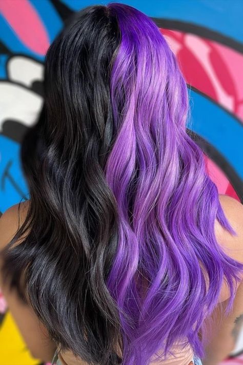 Dark Winter Hair Color, Dark Winter Hair, Half And Half Hair, Split Dye, Split Dyed Hair, Dyed Hair Purple, Cute Hair Colors, Spooky Szn, Dyed Hair Inspiration