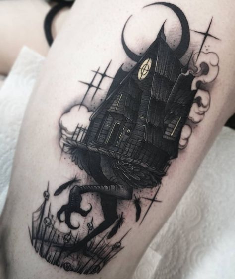 Dark Tattoo Ideas, Baba Yaga House, Gotik Tattoo, Ambigram Tattoo, Goth Tattoo, Baba Yaga, Dark Tattoo, Cover Up Tattoos, Feminine Tattoos