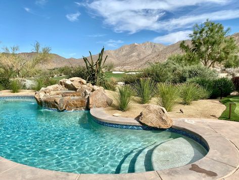 Desert Oasis Backyard Swimming Pools, Arizona Backyard With Pool, Boulders Around Pool, Arizona Pool Landscaping, Desert Landscaping Backyard Pool, Desert Pool Design, Desert Pool Landscaping Arizona, Desert Pool Landscaping, Desert Oasis Backyard