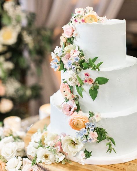 This lovely little wedding cake with a meandering trail of flowers running down it was so filled with wildflower whimsy! It was *almost*… Pastel Wedding Cakes, Cake Florals, Wedding Cake Fresh Flowers, Spring Wedding Cake, Cake With Flowers, Brewery Wedding, Floral Wedding Cake, Floral Wedding Cakes, Wedding Cakes With Flowers