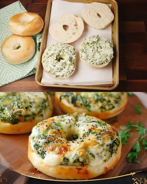 Viral Foods | Cheesy Spinach Artichoke Bagels | Facebook Spinach Artichoke Bagels, Cheesy Spinach Artichoke Bagels, Savory Bagel Recipe, Spinach Bagel Recipe, Spinach Bagel, Bagel Recipe Sandwich, White Bean Sandwich, Potato Mushroom Recipe, Everything Bagel Breakfast