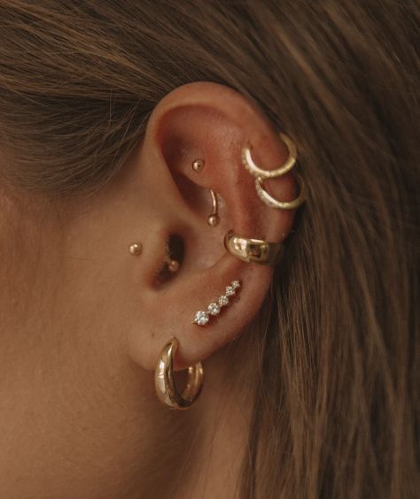 The Cz Ear Climber – Jay Nicole Designs Full Ear Pearcing, Ear Piercings Inspiration Baddie, Whimsical Ear Piercings, Ear Piercing Arrangements, Delicate Ear Piercings, Ear Design Piercing, Gold Ear Piercings, Ear Piercing Chart, Full Ear Piercings