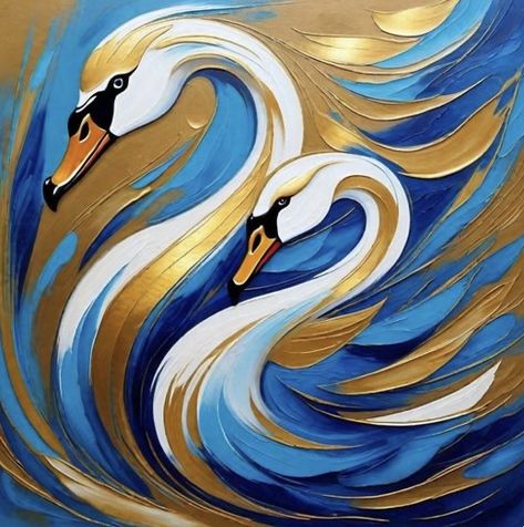 Swans Painting Acrylic, Abstract Swan Painting, Swan Painting Acrylic, Makeup To Recreate, Golden Acrylic Painting, Nils Verberne, Swans Painting, Contrast Painting, Recreate Famous Paintings