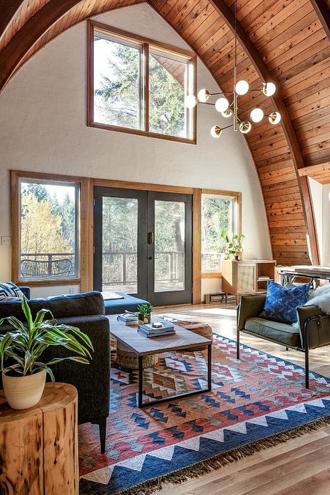 Modern Cabin Interior, Arched Cabin, Cabin Interior Design, Cabin Living Room, Cabin Inspiration, Frame Cabin, Cabin Interiors, Cabin Living, A Frame Cabin