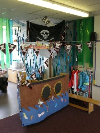 Pirate Ship Role-Play Area Role Play Areas Eyfs, Pirate Role Play, Eyfs Role Play, Pirate Preschool, Pirate Classroom, Role Play Ideas, Pirates And Mermaids, Pirate Activities, Role Play Areas