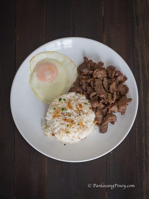 Tapsilog Recipe - Panlasang Pinoy Tapsilog Plating, Silog Meals Plating, Silog Meals Menu, Tapsilog Recipe, Pinggang Pinoy, Pinoy Breakfast, Silog Meals, Filipino Breakfast, Pinoy Foods