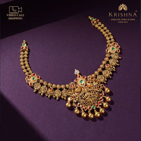 Call / WhatsApp / Shop over Video Call : +91-8499011111 This beautiful 22kt peacock themed gold necklace is a one of a kind addition to any wardrobe. Features emeralds, rubies, cz's and pearls. A beautiful statement piece for any occasion! Ruby Gold Jewellery, 20 Grams Gold Necklace Designs Indian, Gold Necklace Set New Design, 40 Grams Gold Necklace Designs, 20grams Gold Necklace Indian, 20 Grams Gold Choker Designs, 30grams Gold Necklace Designs, Gold Necklace Set 20 Grams, Short Necklace Gold Indian