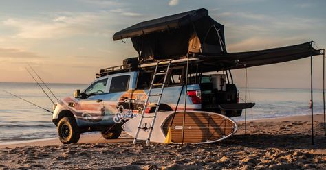 Nissan turned a Titan pickup truck into a beach camp on wheels Pickup Truck Camping, Pickup Camping, Surf Fishing Rods, Back Of A Truck, Checklist For Kids, Travel By Car, Car Tech, Hangout Spot, Nissan Titan Xd