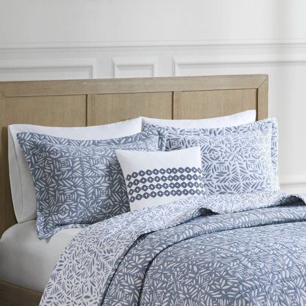 Madison Park Signature Harmony Geometric 4 Piece Oversized Reversible Matelasse Coverlet Set with Throw Pillow | Wayfair Botanical Motifs, Blue Pillows Decorative, Embroidered Throw Pillows, Reverse Applique, Lightweight Quilt, Quilted Sham, Madison Park, Coverlet Set, Blue Throw Pillows