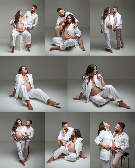 Trudnice Foto, Pregnant Couple Photoshoot Ideas, Maternity Photoshoot Studio Ideas, Maternity Shoot With Partner, Maternity Gender Reveal Photo Shoot, Month To Month Pregnancy Pictures, Masculine Maternity Shoot, Party Maternity Outfit, Maternity Shoot Outfit Ideas Couple