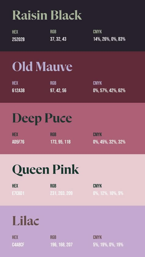 Colors: 25202B ° 612A38 ° AD5F76 ° E7CBD1 ° C4A8CF Large Color Palette With Hex Codes, Color Palette For Notes, Demon Color Palette, Rococo Color Palette, Canva Palettes Color, Notes Color Palette, Color Palette Hex Code, 2024 Color Palette, Pantone Color Palette