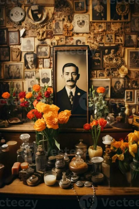 Ancestor photos and symbolic objects artfully arranged on Day of the Dead altar Ancestor Aesthetic, Ancestor Altar Setup, Ancestors Altar, Ancestor Altar, Ancestral Altar, Ancestral Altar African, Chinese Ancestor Altar, Buddhist Shrine Home Altars, Sacred Space Altar