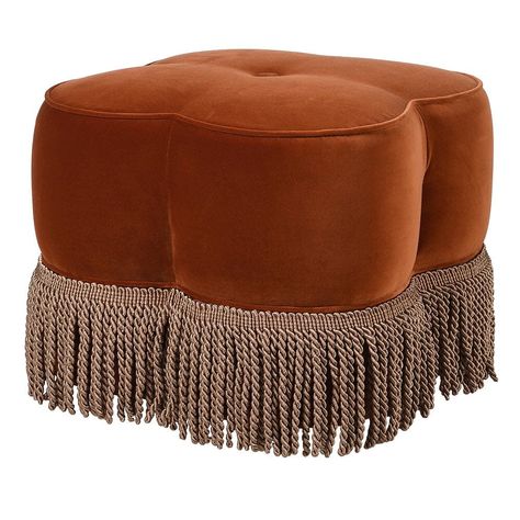 This luxurious Dita Velvet Pouf is perfect for adding a touch of glamour to your space. Upholstered in a stunning burn orange cotton velvet and with an ornate quatrefoil shape and finished with a luxurious old gold bullion fringe, this pouf will add a touch of luxe to any room. Dimensions: H:46 x W:55 D:55cm. Fabric: 100% Cotton. Burn Orange, Burnt Orange Velvet, Vanity Seat, Bullion Fringe, Red Armchair, Bespoke Sofas, Orange Decor, Bedroom Renovation, Eclectic Living Room