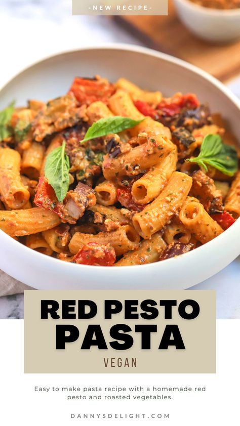 pasta recipe Pesto Recipes Dinner, Red Pesto Pasta, Pasta With Roasted Vegetables, Pesto Ravioli, Bow Tie Pasta Recipe, Pesto Pasta Recipe, Red Pasta, Eggplant Pasta, Roasted Vegetable Pasta