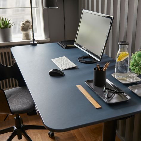 Colour coordinated and stylish workspace at home - IKEA CA Ikea Bekant Desk, Bekant Desk, Landskrona Sofa, Ikea Bekant, Floor Protectors For Chairs, Ikea Store, Desk Inspiration, Office Guest Room, Blue Furniture