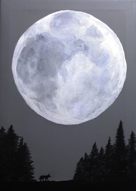 Easy Acrylic painting of the moon and a wolf on a grey background. Grey Painting Ideas On Canvas Easy, Painting Ideas Black Background Easy, Painting With Grey Background, Grey Canvas Painting Ideas, Gray Painting Ideas, Cool Colours Painting, Wolf Painting Easy, Grey Background Painting, Simple Moon Painting