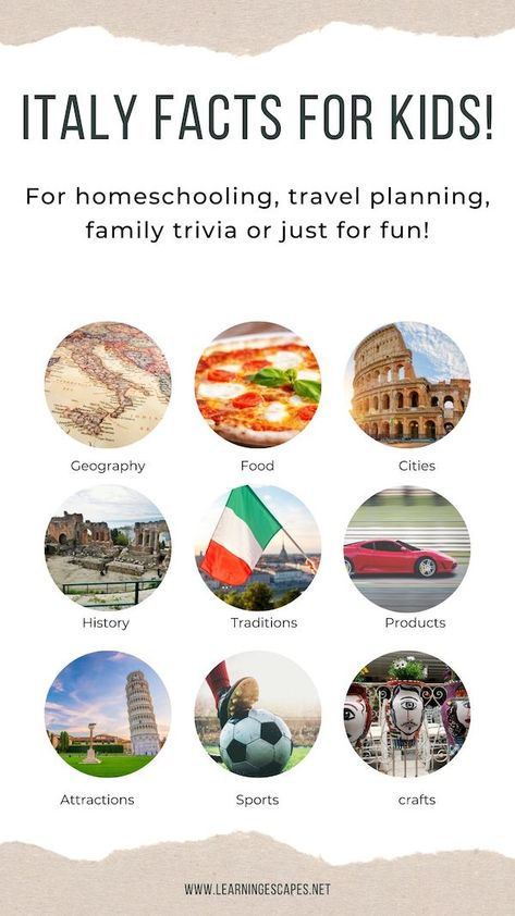 Fun facts about Italy for kids for homeschooling, trivia night, school work. Italy Day At School, Italy Unit Study For Kids, Italian Theme Classroom, Italy Swaps World Thinking Day, Italy World Thinking Day Ideas, Italy Projects For Kids, Italian Activities For Kids, Italy School Project, Italy Art Projects For Kids