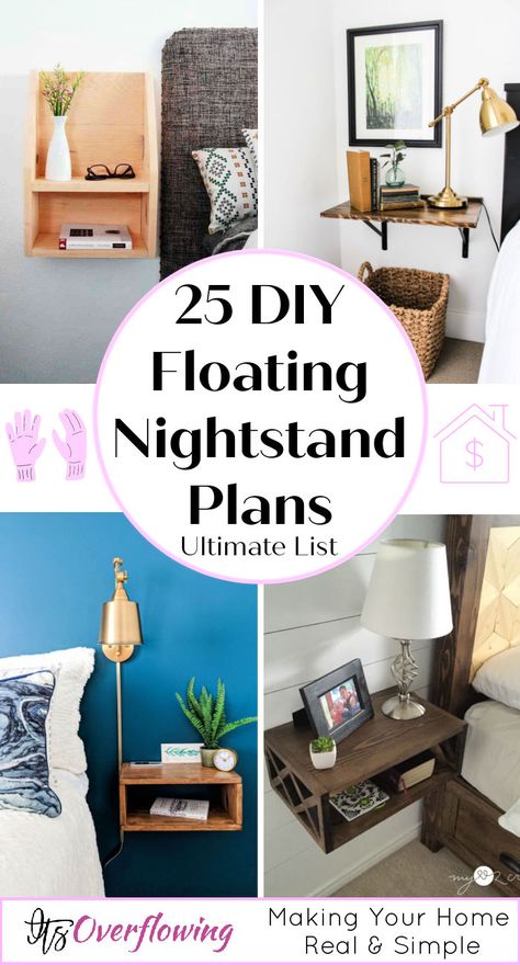 25 Easy to Build DIY Floating Nightstand / Side Table Plans Floating Side Table Night Stands, Diy Side Table Bedroom, Night Stands Diy, Bedside Table Design Ideas, Nightstand Ideas Diy, Diy Floating Nightstand, Bed Side Table Ideas, Nightstands Diy, Floating Nightstand Diy