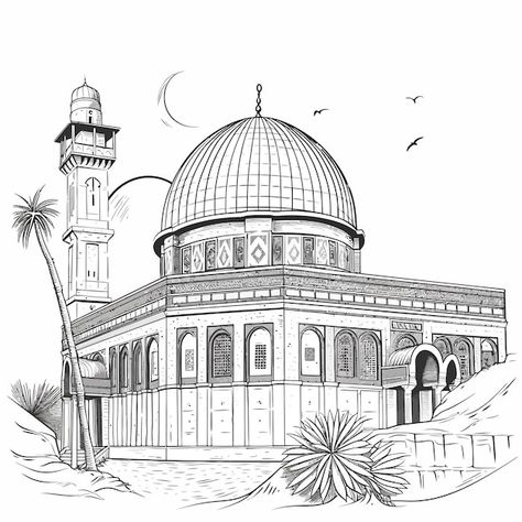 Sketch Mosque, Mosque Outline, Arabic Illustration, Mosque Drawing, Bangla Funny Photo, Scrap Journal, Funny Laptop Stickers, Adult Coloring Books Printables, Mosque Art