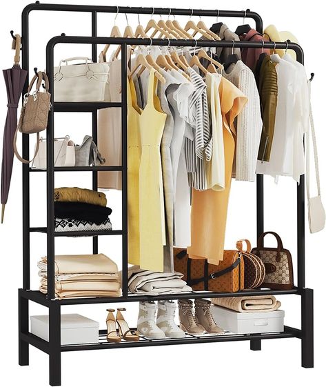 KLASS Heavy Duty Clothes Rail, Sturdy 120KG Black Metal Rack With Double Hanging Clothing Shoe Rack, Storage Shelves & 4 Coat Hooks, Freestanding Rails For Bedroom, Office, Shop : Amazon.co.uk: Home & Kitchen Temporary Wardrobe, Clothes Rail With Shelves, Metal Clothes Rack, Shoe Rack With Shelf, Open Wardrobe, Metal Rack, Home Clothes, Bedroom Essentials, Clothes Rail