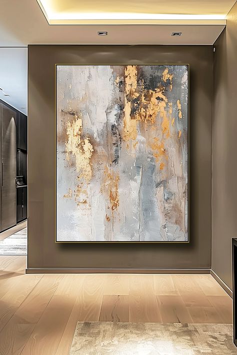 Original handmade gold leaf abstract painting with textured gray and white background, showcasing elegant brushstrokes and metallic accents Gold And White Art, Wall Art Gold Leaf, Leaf Abstract, Grey Painting, Gold Leaf Painting, Heart Painting, Textured Canvas, Shades Of Gray, Gold Paint