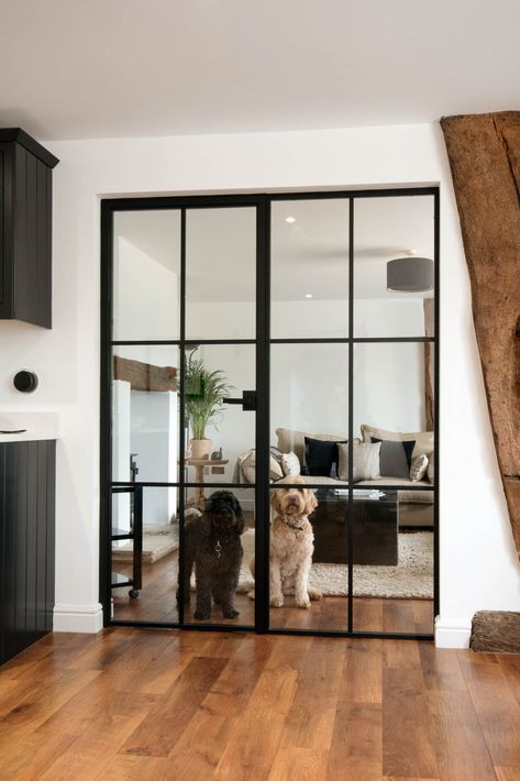 Single Doors with Screen | Black Metal Doors, Steel Framed Doors, Lounge Doors, Big Room Ideas, Black Steel Doors, Cabins Interiors, Lodge Living Room, Garage Redo, Steel Doors Exterior