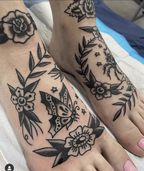 Ankle Tattoo American Traditional, Dainty Flower Sleeve Tattoo, Traditional Tattoos Hand, Leaves Knee Tattoo, American Traditional Wrap Around Tattoo, Traditional Vines Tattoo, Traditional Flower With Stem Tattoo, Dainty Traditional Tattoos, Top Of Wrist Tattoos Traditional