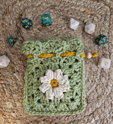 Crochet Drawstring Bags, Crochet Dice Bag, Crochet Dice, Crochet Drawstring Bag, Crochet Drawstring, Daisy Crochet, Bags Patterns, Notions Bag, Embroidered Tote Bag